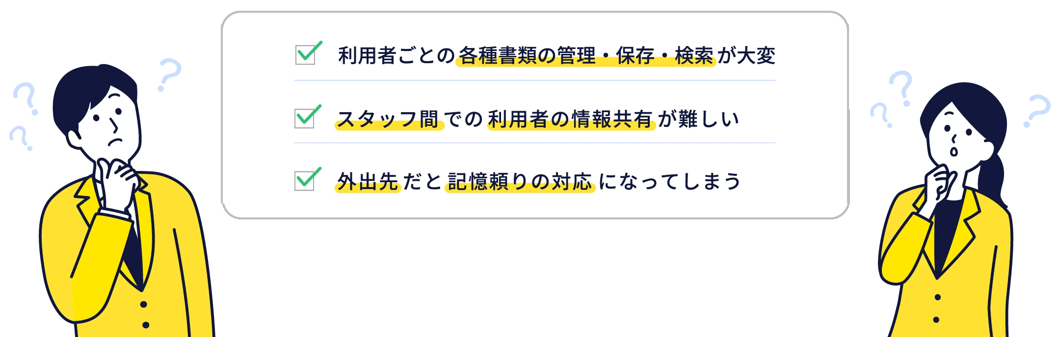 利用者ごとの各種書類の管理・保存・検索が大変/スタッフ間での利用者の情報共有が難しい/外出先だと記憶頼りの対応になってしまう